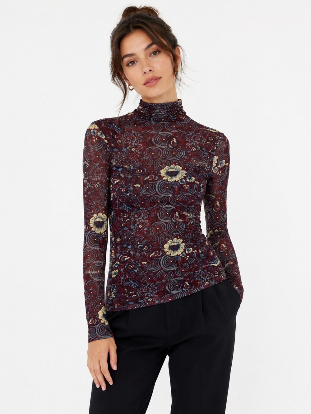Ulla Johnson Floral Mesh Turtleneck Top Boho • Artsy • Stretchy Designer Laye